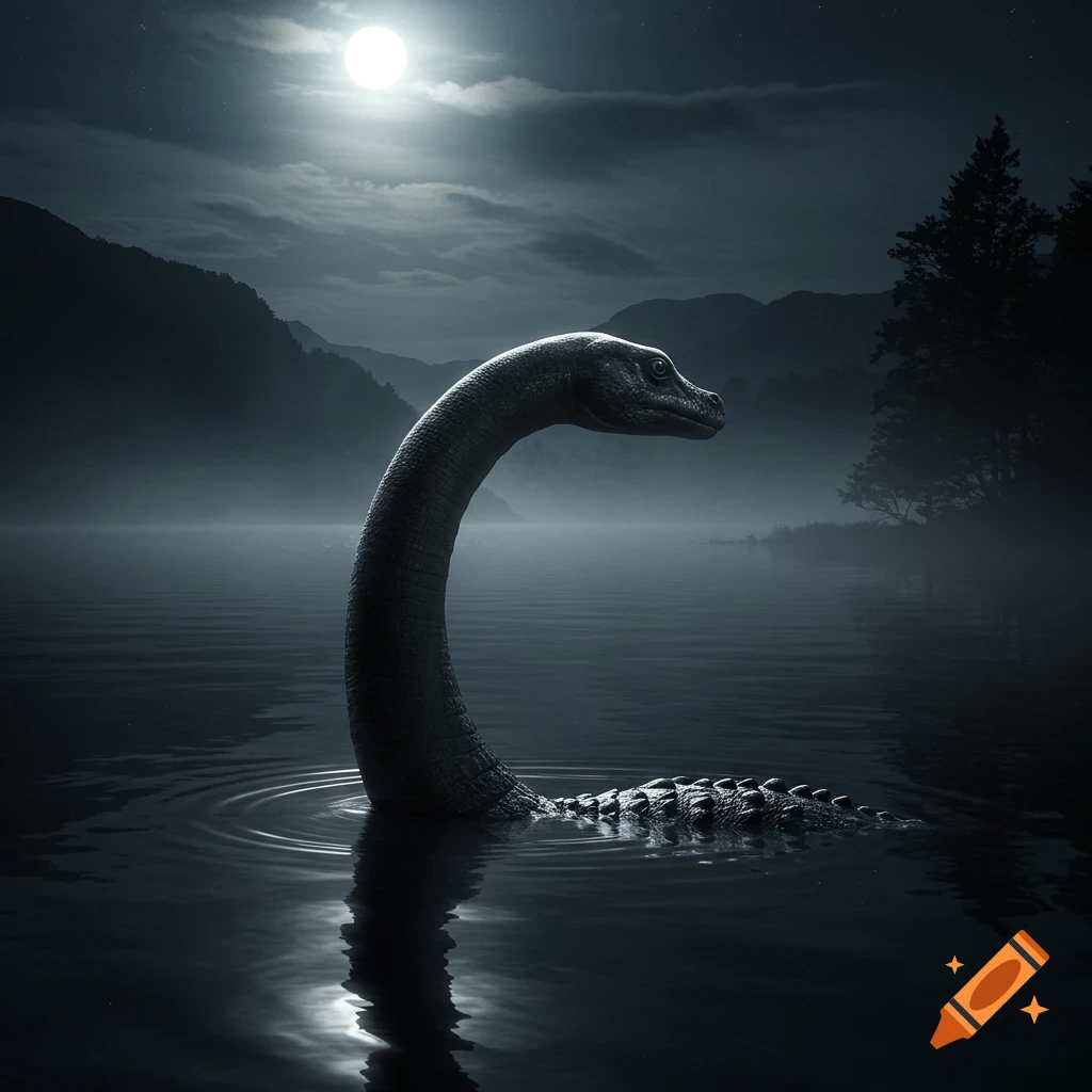 A photorealistic Loch Ness Monster emerges from a dark, misty lake at night, illuminated by moonlight with hills in the background.