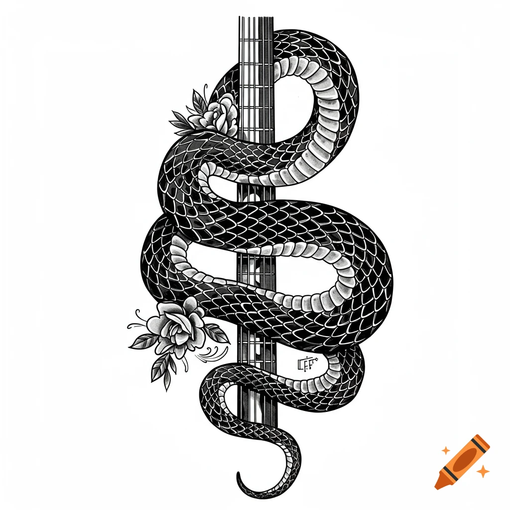 A black and white traditional tattoo style illustration of a snake wrapped around a guitar fretboard, with roses.