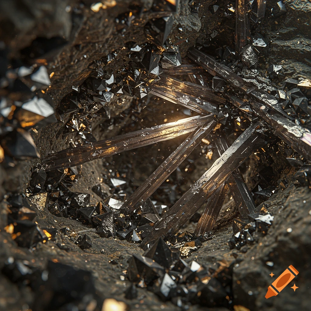 Close-up of a dark mineral formation with jagged crystals and long, translucent rods embedded in rough rock, illuminated by golden light.