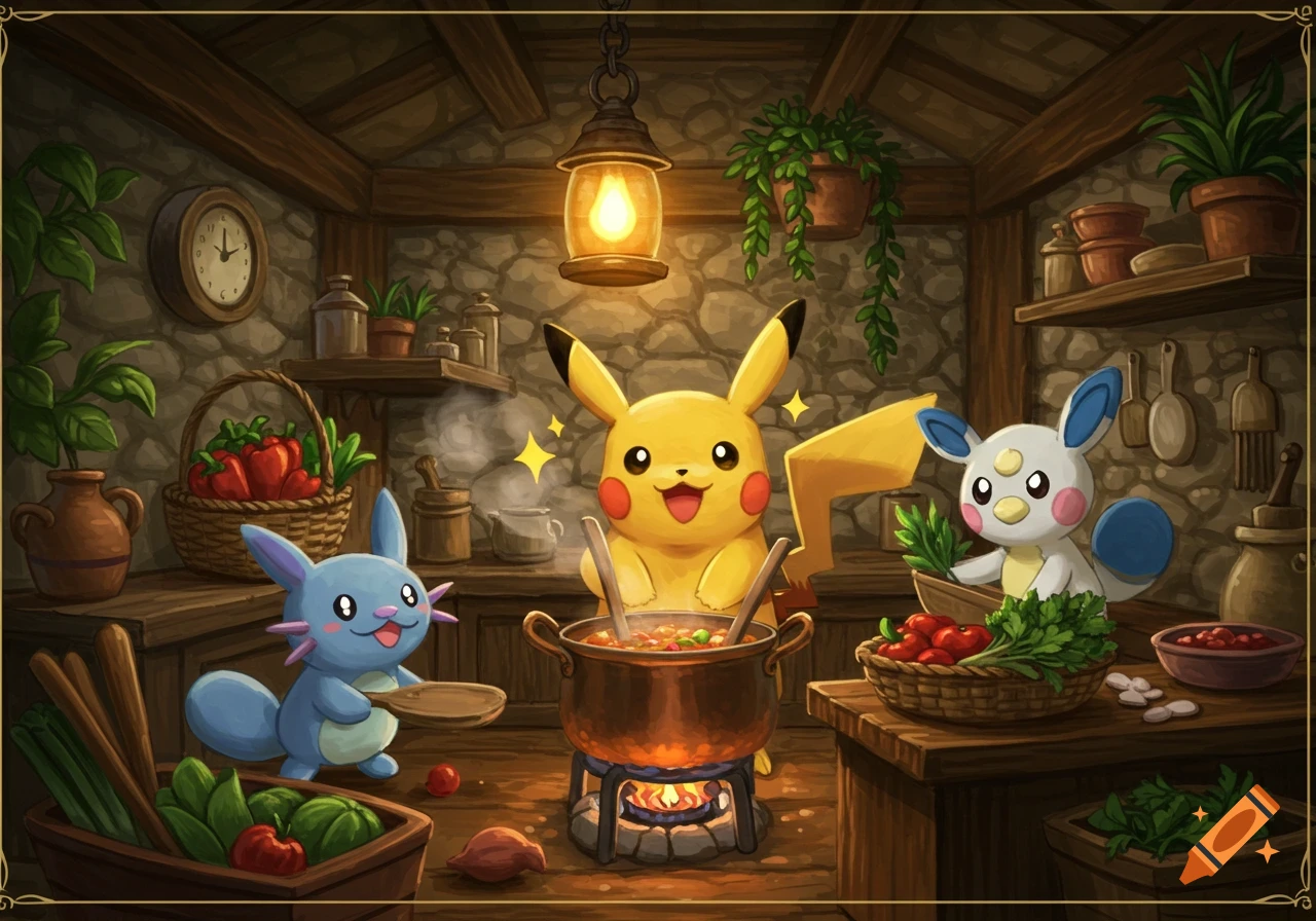 Pikachu, Wooper, and Pachirisu cooking in a rustic kitchen, with Pikachu stirring a pot over a fire.