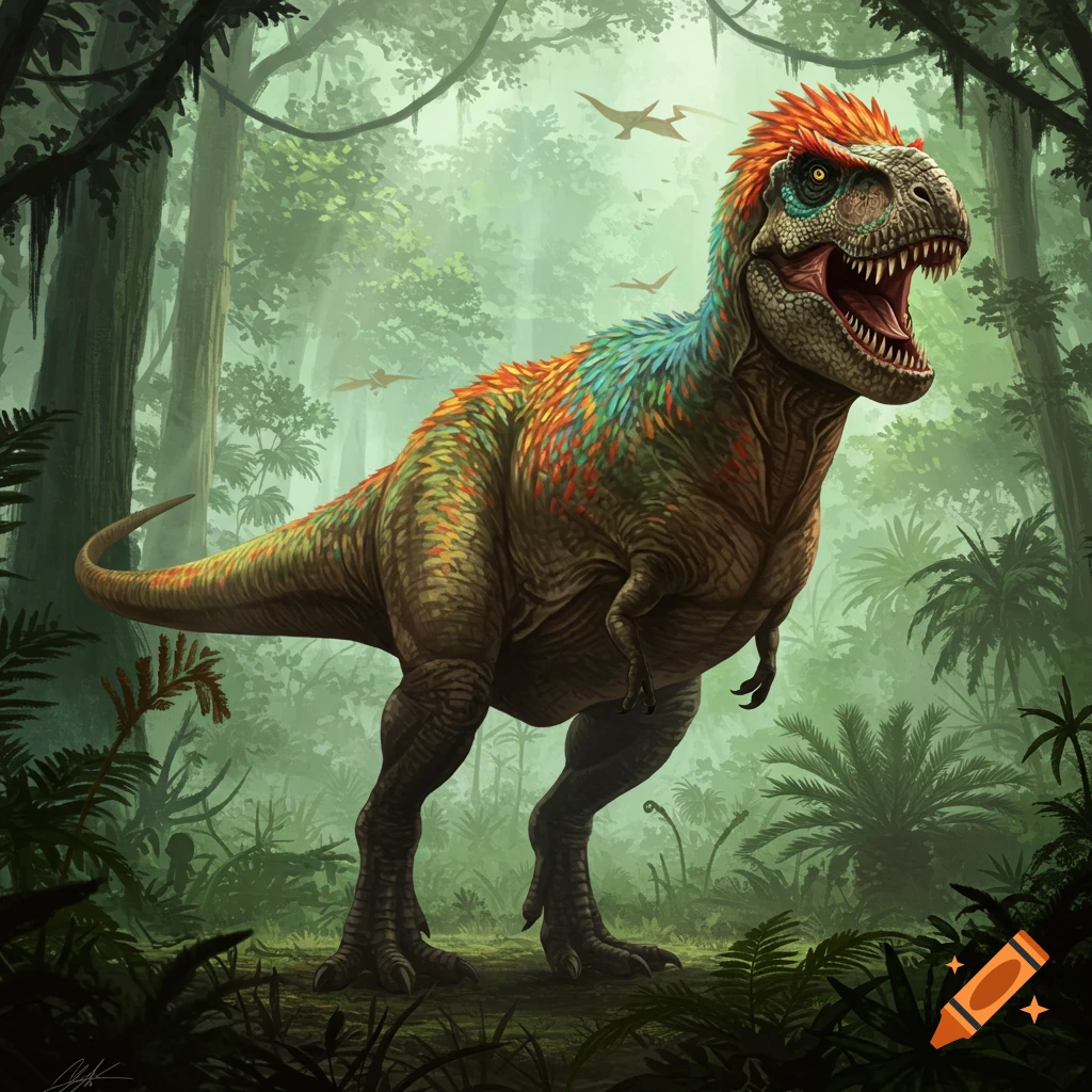 A vibrant, feathered T-Rex roars in a lush, green prehistoric jungle with pterodactyls flying overhead.