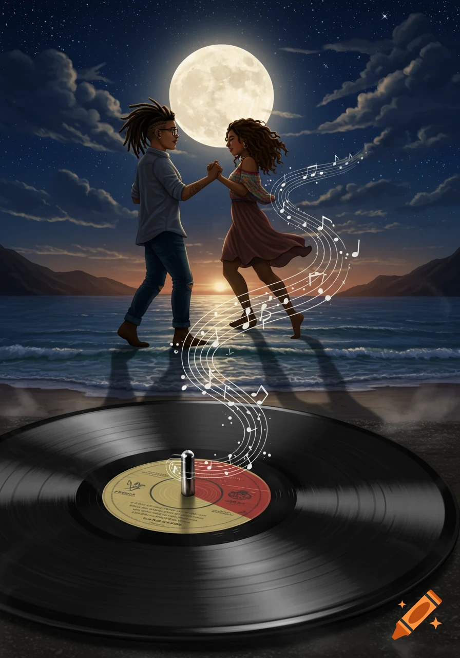 An artistic image of a record with musical notes rising from it, and a couple dancing on a beach under a full moon.