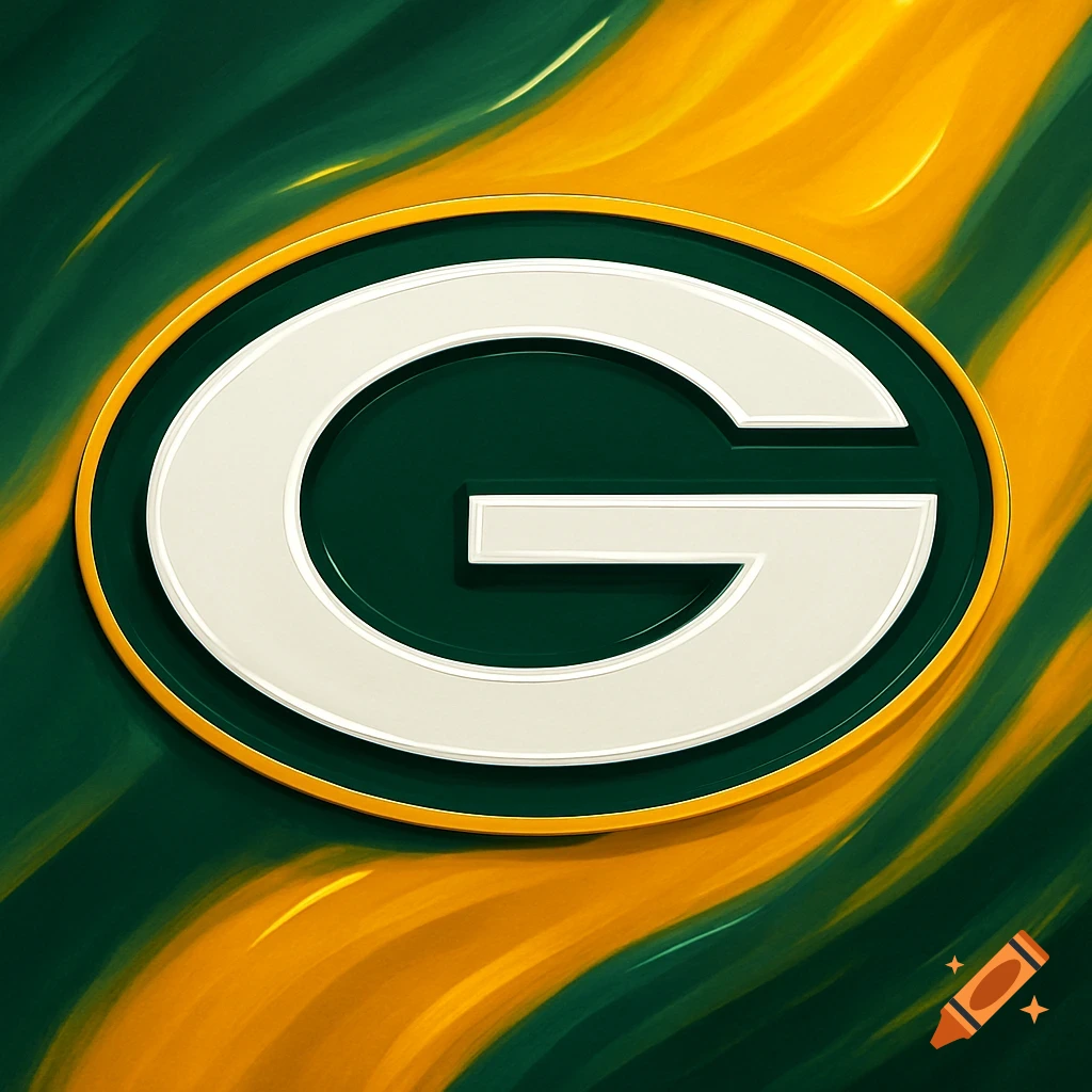 Green Bay Packers 'G' logo on a vibrant green and gold swirled background.