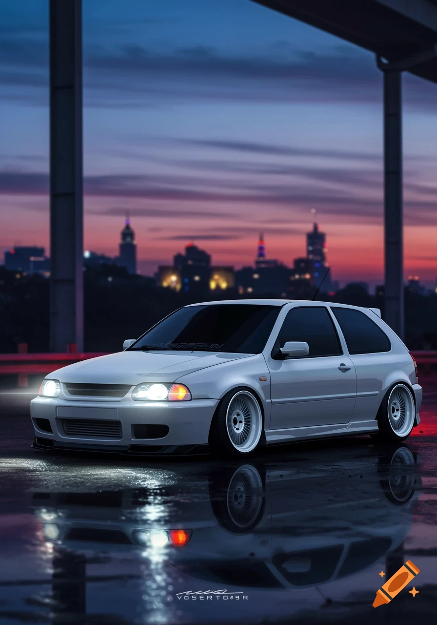 White hatchback car with white rims and tinted windows parked on a wet street at dusk, with a city skyline in the background.