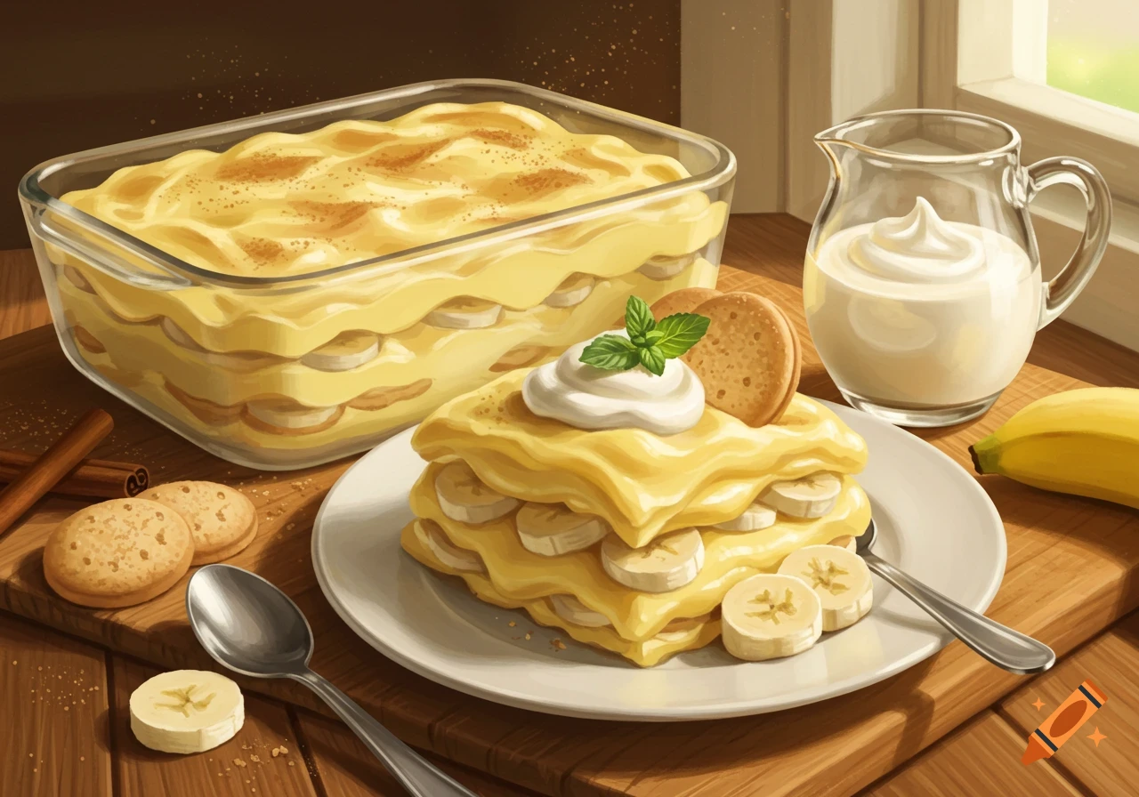 Illustrative painting of banana pudding in a glass dish and on a plate, garnished with whipped cream, mint, bananas, and cookies on a wooden table.