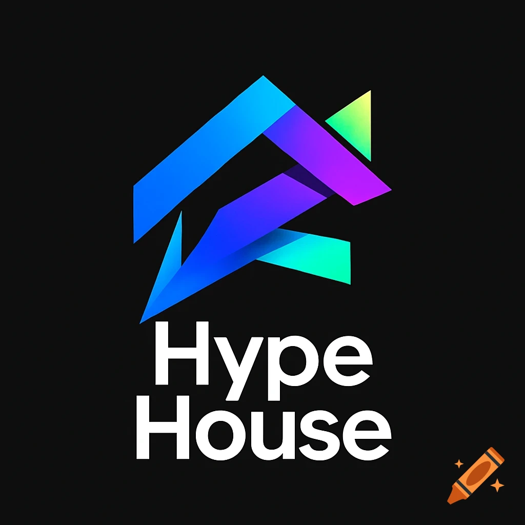 A logo with abstract, colorful gradient shapes forming a stylized house symbol above the white text 'Hype House' on a black background.