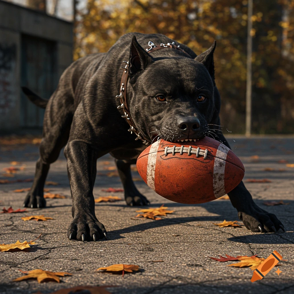 A powerful black dog with a studded collar holds a football in its mouth on an autumn day, photorealistic.