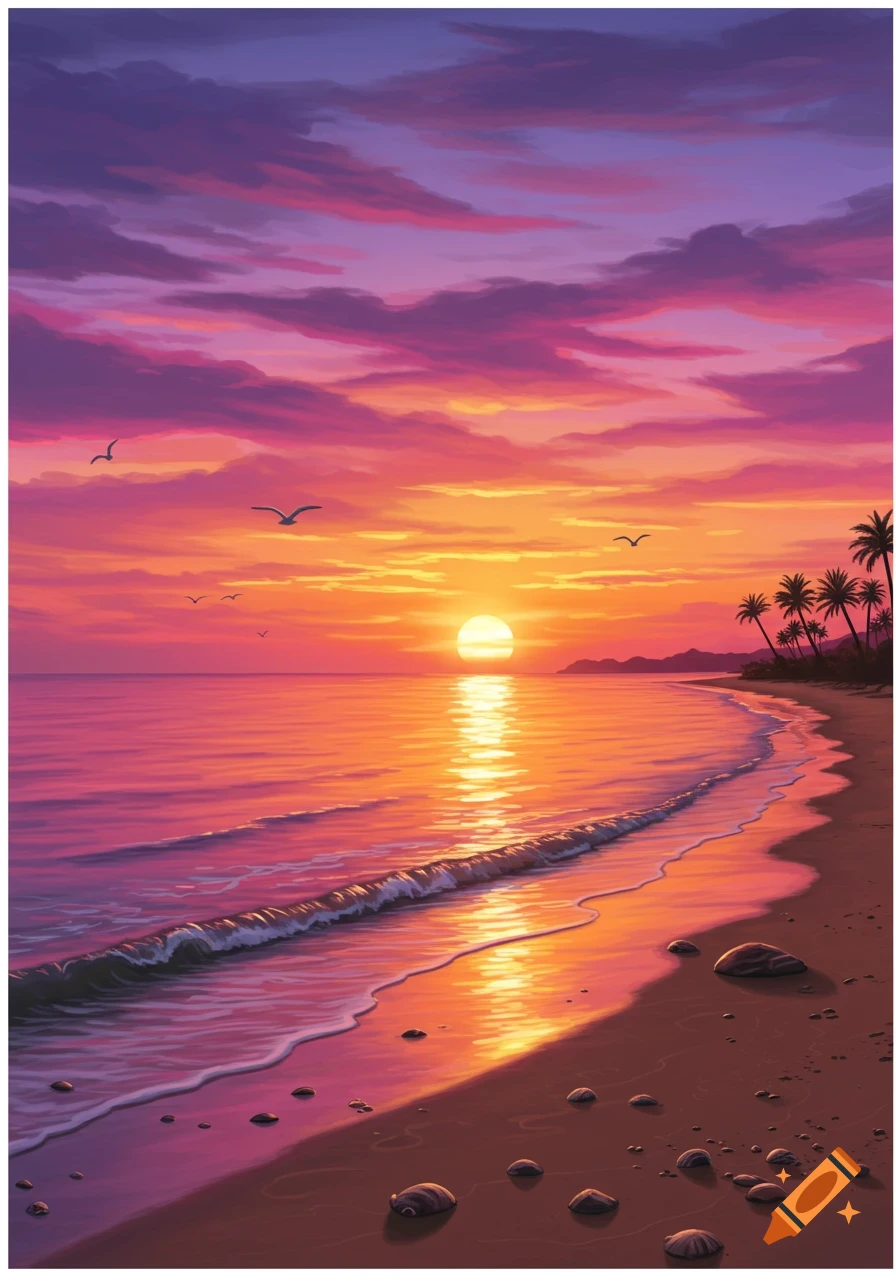 A vibrant illustration of a beach at sunset, with a fiery orange sun reflecting on the calm ocean and pink and purple clouds.