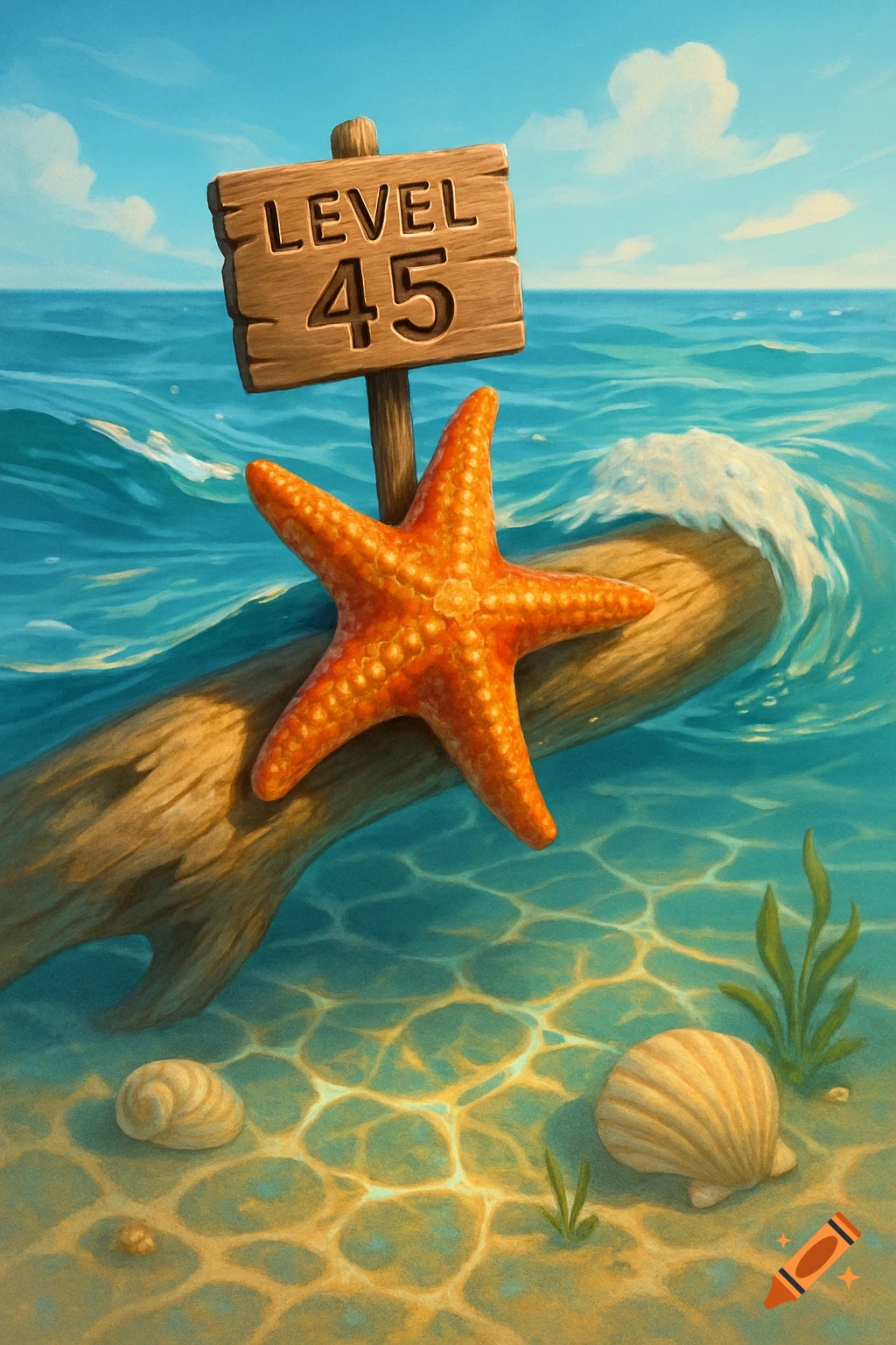 An orange starfish rests on a floating log in the ocean, with a wooden sign on the log reading "LEVEL 45". Seashells are on the sandy seabed below.