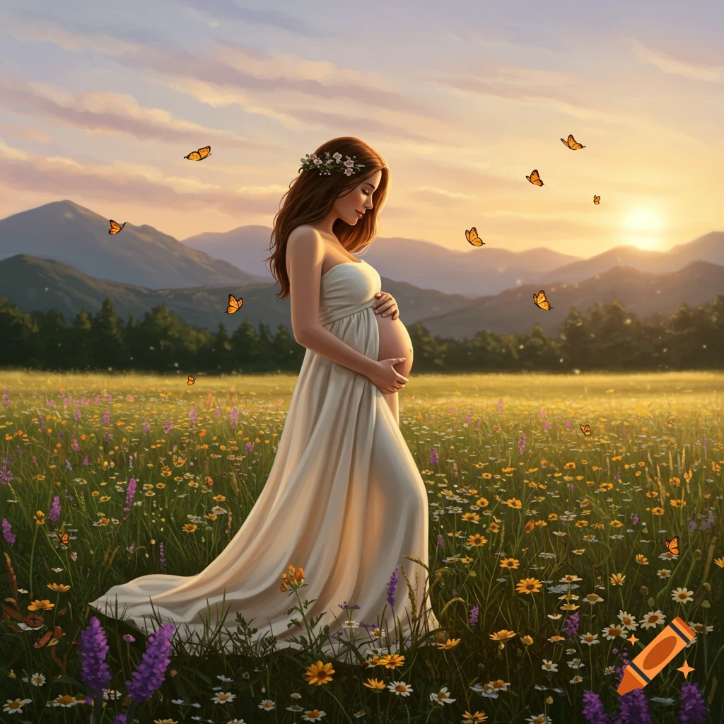 A pregnant woman in a white dress standing in a field of wildflowers at sunset, surrounded by butterflies.