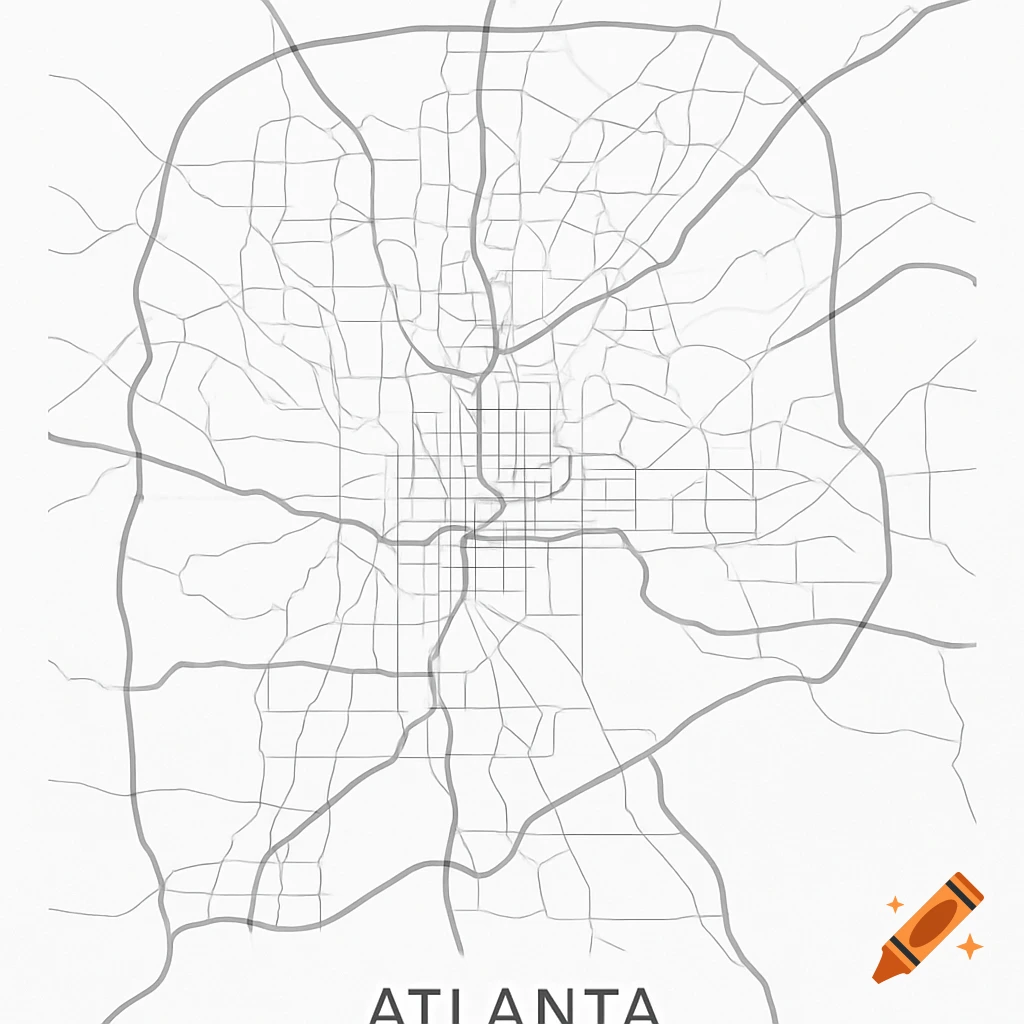 A minimalist gray and white map depicting the streets and highways of Atlanta, with the word 'ATLANTA' at the bottom.