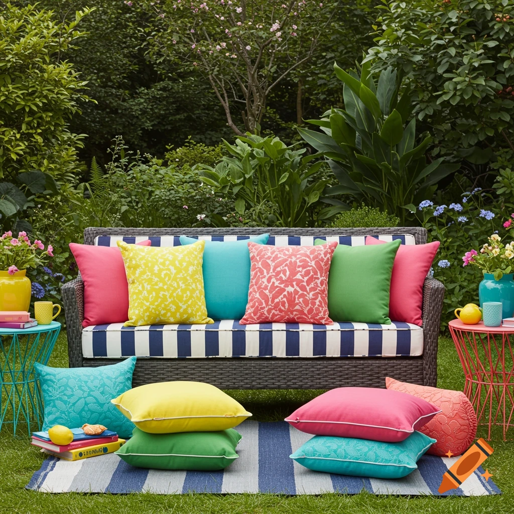 A navy and white striped outdoor loveseat with colorful throw pillows, including yellow, green, hot pink, and teal, set in a lush garden.