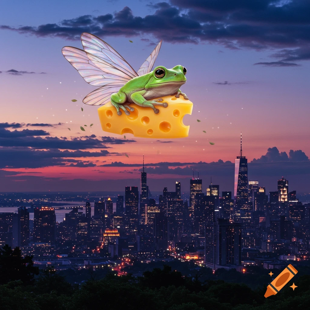 A winged green frog rides a large piece of cheese, flying above a city skyline at sunset with a colorful sky.