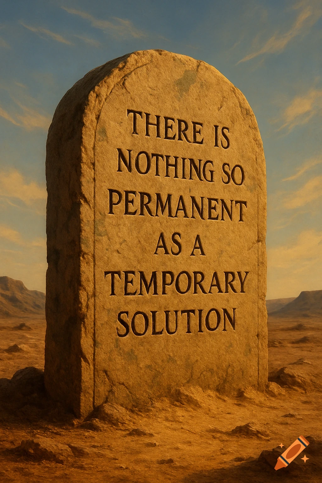 A large, weathered stone tablet engraved with the quote 'There Is Nothing So Permanent As A Temporary Solution' stands in a desert.