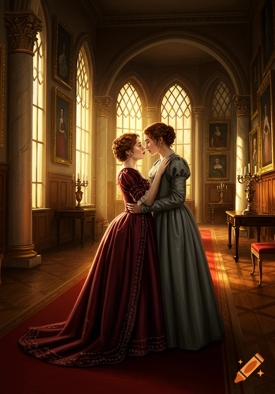Two women in elaborate historical dresses embracing in a grand mansion hallway with ornate windows and columns, painted style.