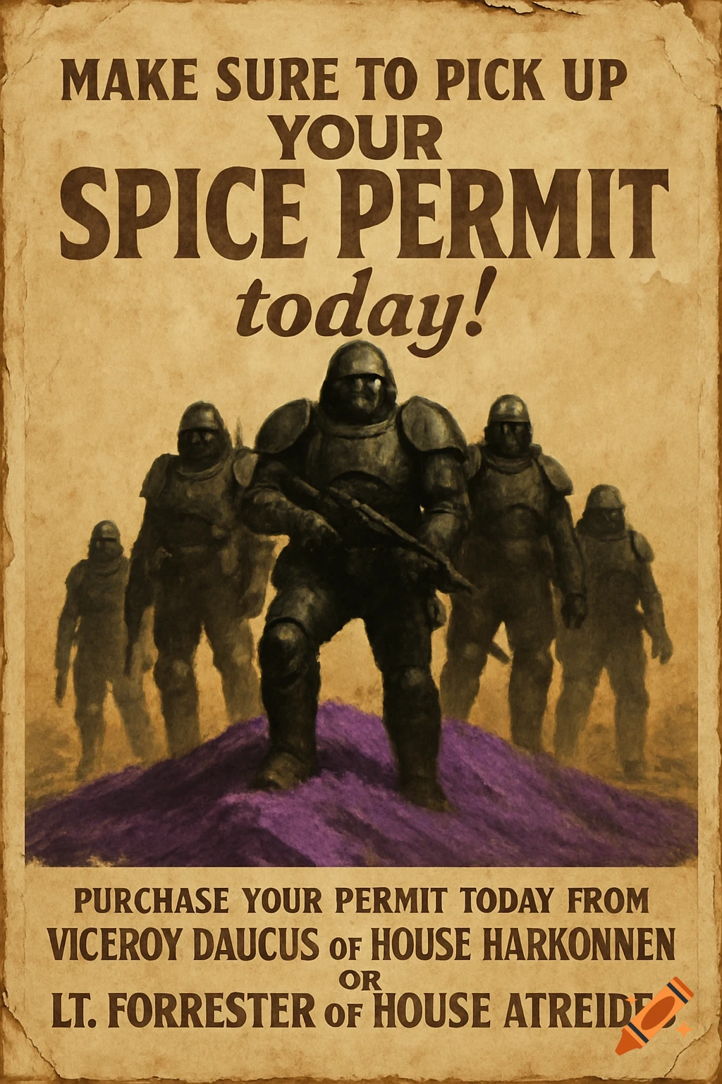 A tan, worn propaganda poster features armored mercenaries on a purple sandy hill. Text promotes a 'Spice Permit' from 'House Harkonnen or House Atreides'.