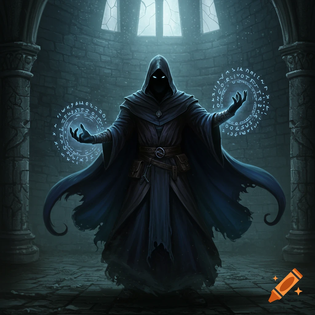 A mysterious dark robed mage with glowing eyes casts blue magic spells in a gothic stone chamber.