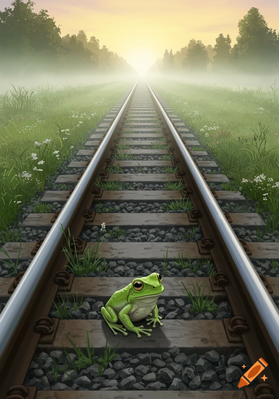 A green frog sits on a railway track, looking towards a misty horizon with trees under a sunrise sky. Digital painting.