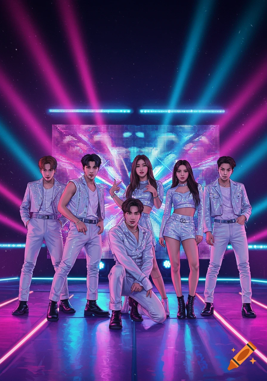 Five K-pop performers, 3 male and 2 female, pose on a stage with vibrant pink and blue neon lights in a stylized digital art.
