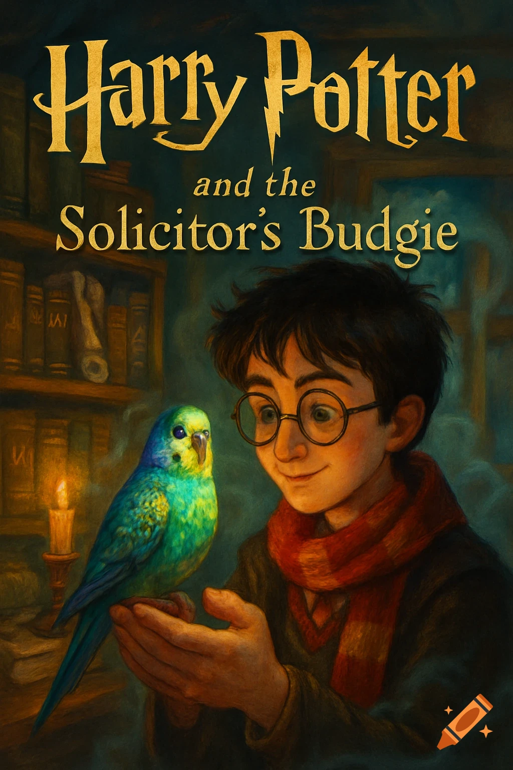 Fantasy illustration of a boy like Harry Potter holding a colorful budgie. Book cover title: Harry Potter and the Solicitor's Budgie.