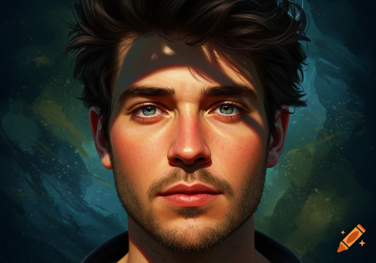 Close-up portrait of a man with light blue eyes and a beard, with dramatic shadows across his face.