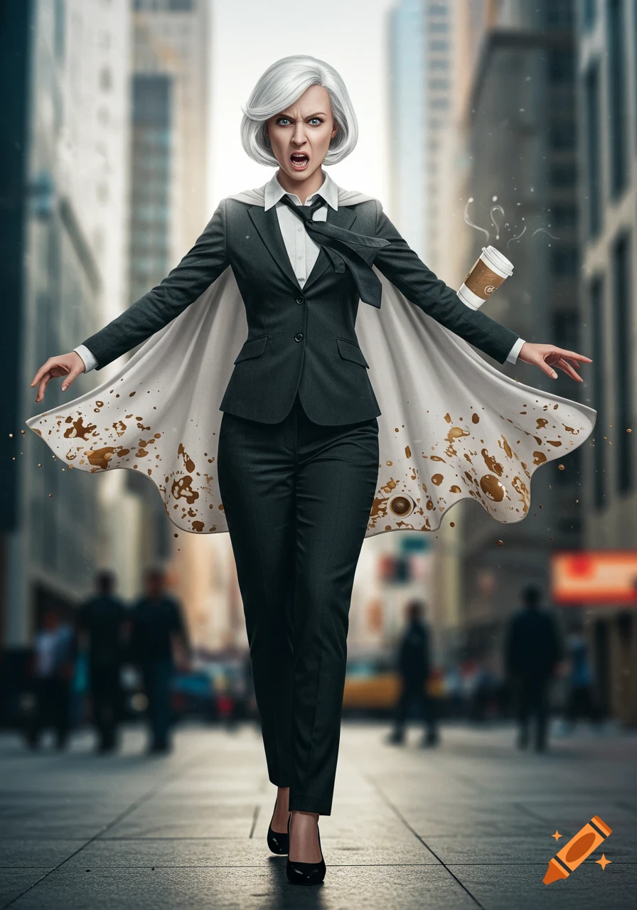 An angry woman with short white hair in a dark business suit and white cape walks down a city street, with coffee splattered on her cape and a cup floating in the air.