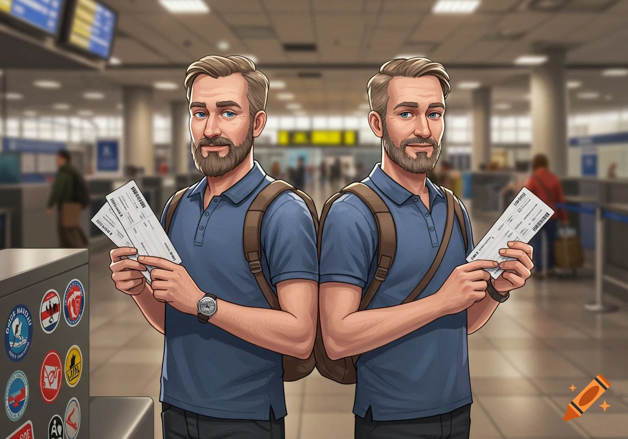 Two similar-looking cartoon men, one bearded, in blue polo shirts and backpacks hold boarding passes at an airport check-in counter.