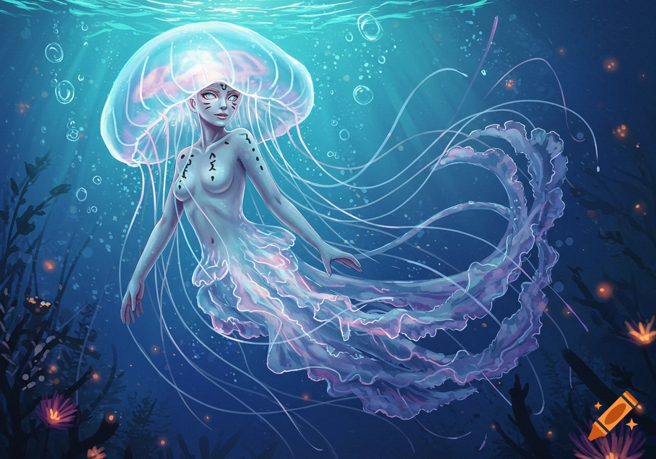 A fantastical glowing jellyfish-like mermaid with decorative markings swims in a deep blue underwater scene with coral.