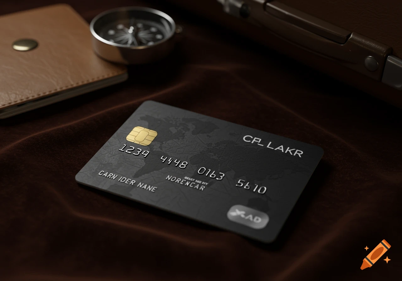 Close-up of a black credit card, a brown wallet, and a compass on a dark brown surface, photorealistic style.