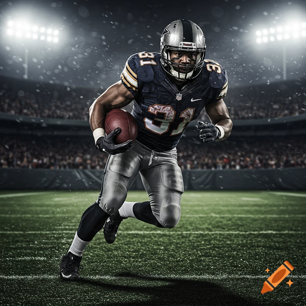 An American football player runs with the ball on a stadium field at night.