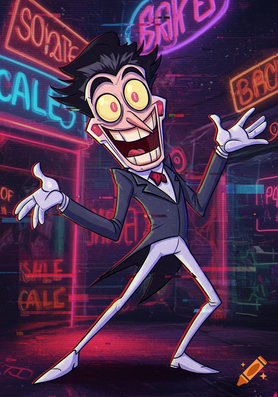 A stylized cartoon character with an exaggerated grin, large yellow eyes, and a pointy nose, wearing a black suit and white gloves, stands against a dark background with vibrant neon signs and glitch effects.