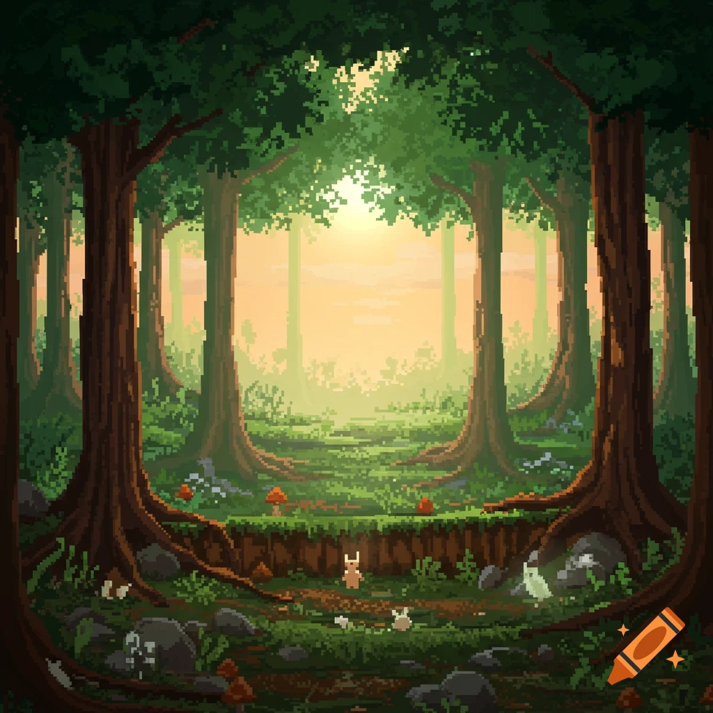 A vibrant pixel art forest scene with large trees, sun rays filtering through the canopy, and small creatures on the mossy ground.