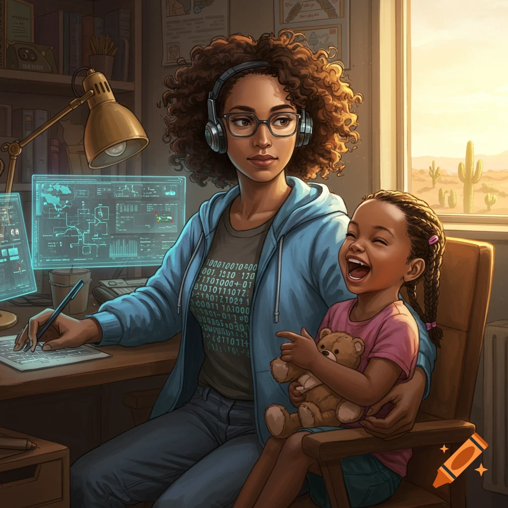 A woman with curly hair and glasses works at a computer, holding a laughing young girl with a teddy bear. Desert landscape through window.