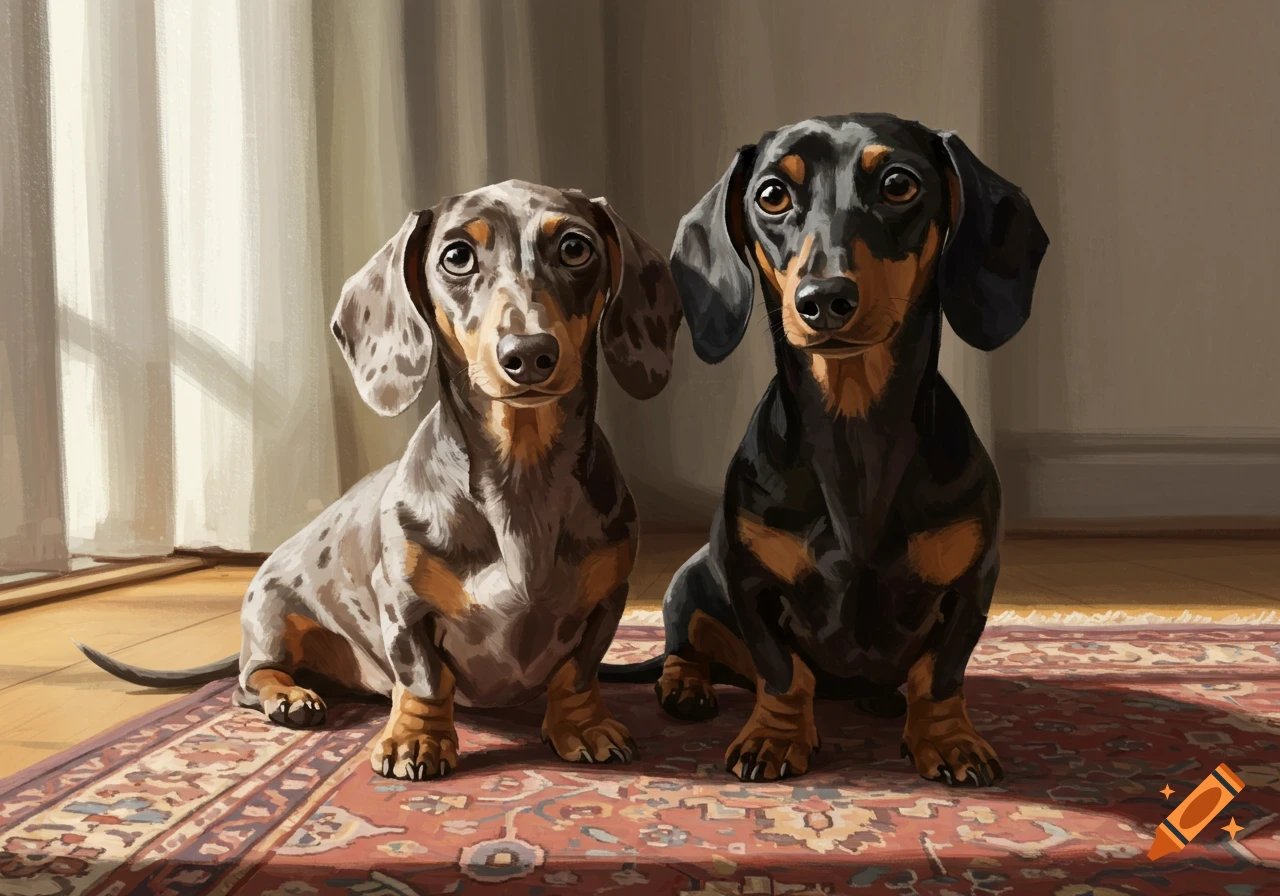 Digital painting of a silver dapple dachshund and a black and tan dachshund sitting on a rug.