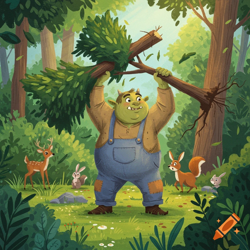 A green ogre pulls a tree out of the ground in a vibrant forest as a deer, rabbits, and a squirrel watch, in a children's illustration style.