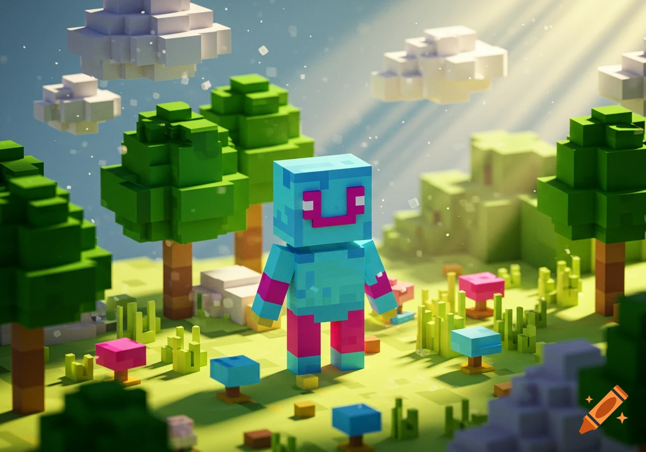 A light blue voxel character with pink limbs and a pink smile stands in a blocky landscape with green trees and white clouds.