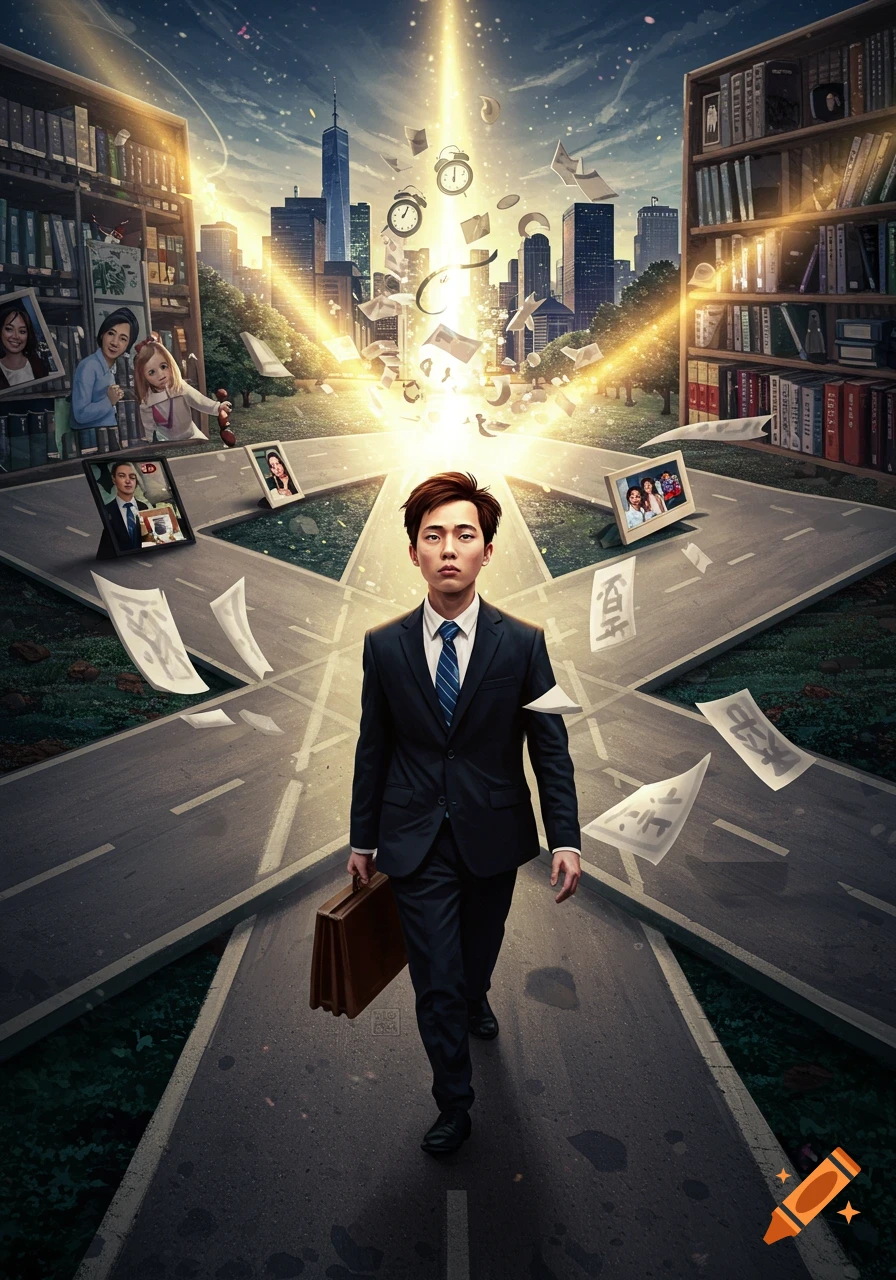 A man in a suit walks on a road at a crossroads, surrounded by glowing elements representing life choices like family, career, and knowledge, with a city skyline in the background.