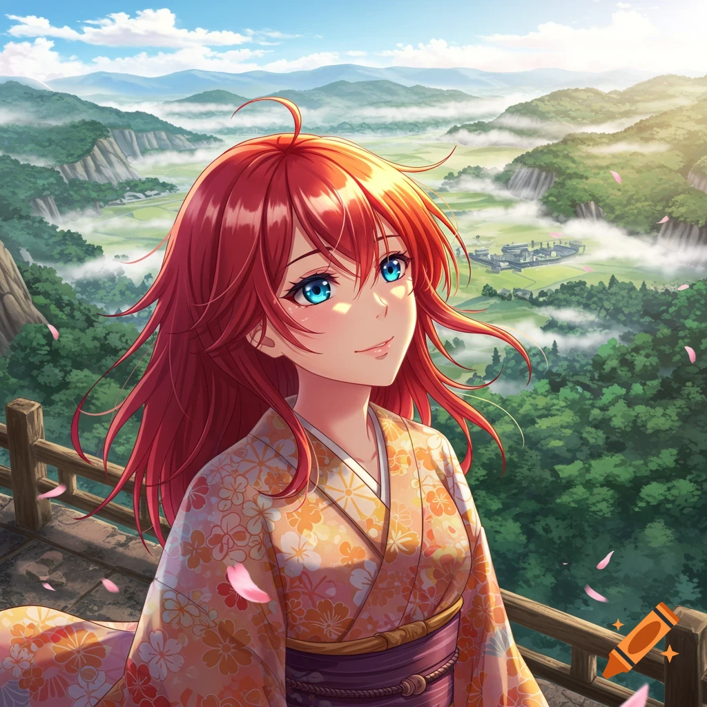 An anime girl with red hair and blue eyes in a kimono stands on a bridge overlooking a misty mountain valley at sunrise.