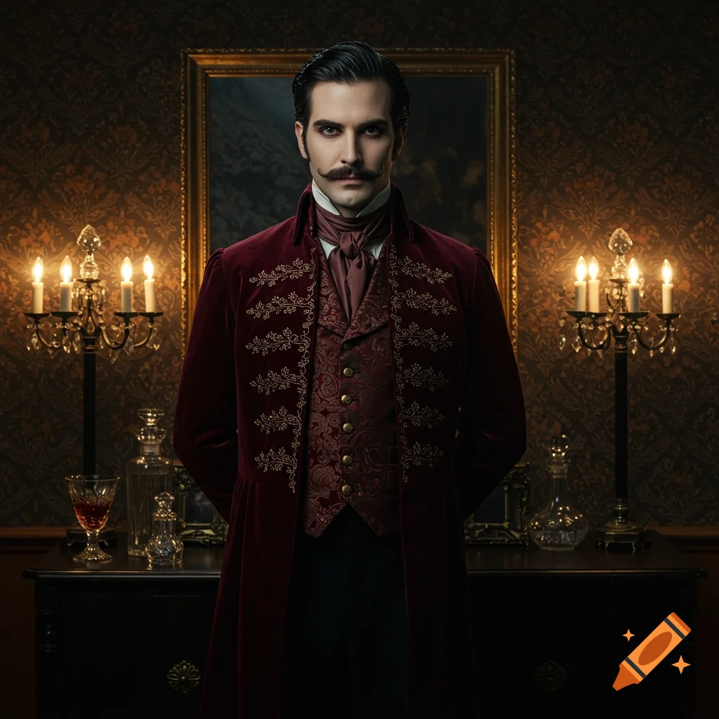 A man with a mustache in a velvet burgundy coat and patterned vest stands in a dimly lit, ornate room with candelabras and a framed mirror.