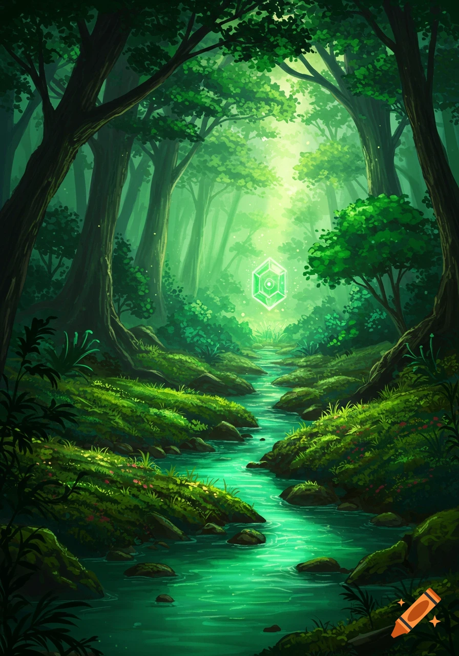 Lush green fantasy forest with a winding river and a glowing emerald-shaped object.