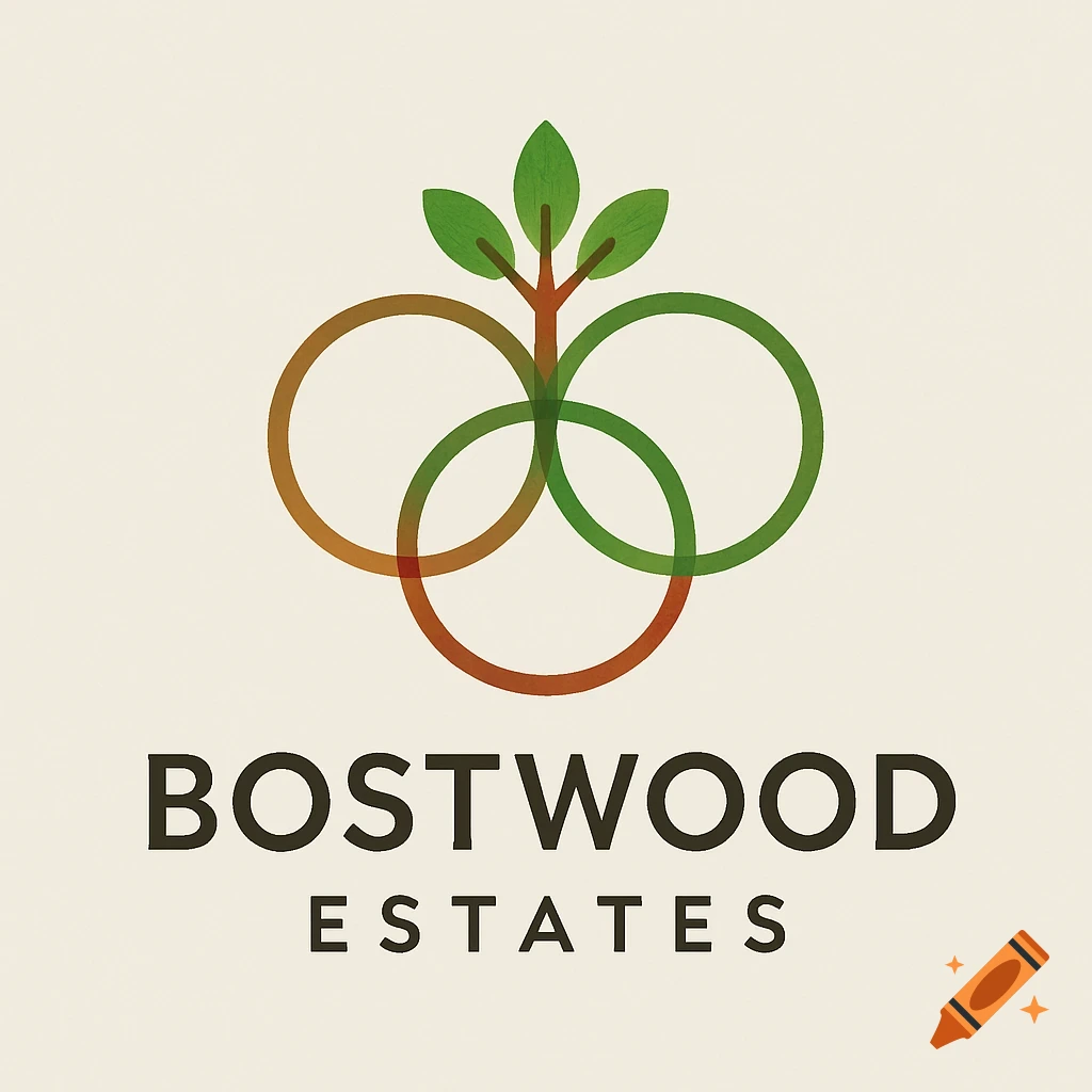 A logo for Bostwood Estates featuring a stylized tree with green leaves and three overlapping rings in brown and green.