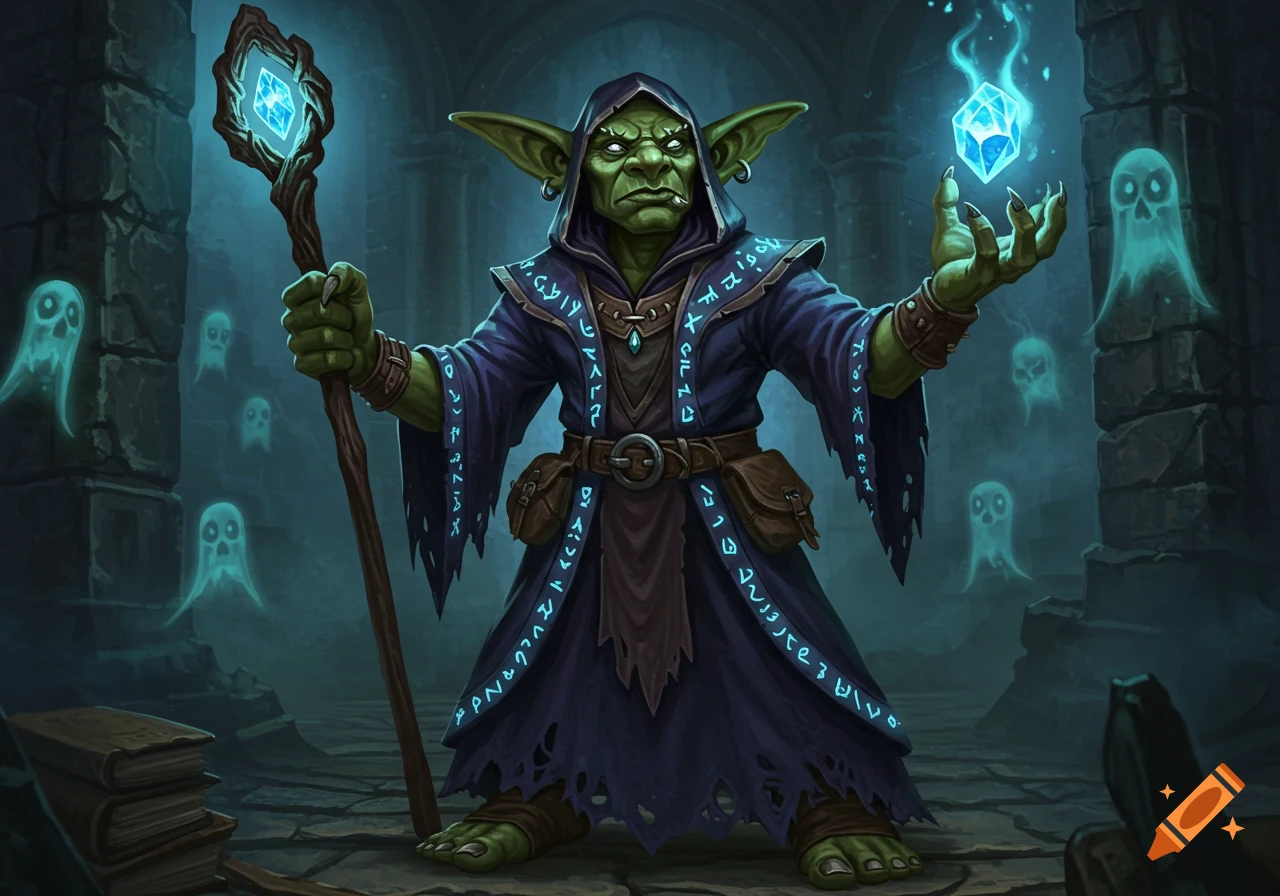 A green-skinned goblin wizard in a blue hooded robe holds a staff and glowing crystal, surrounded by ethereal ghosts in a dark dungeon.