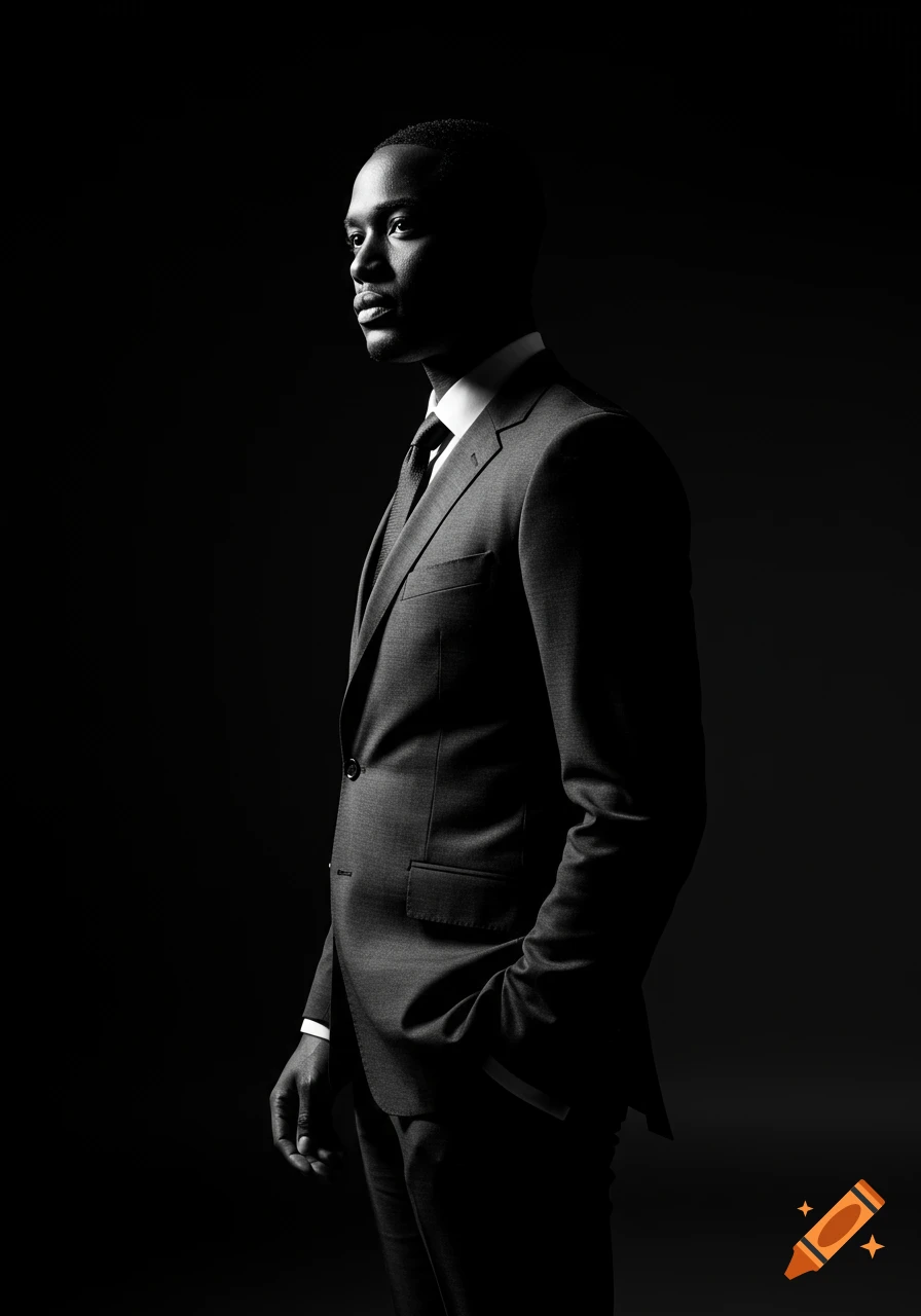 Black and white cinematic side portrait of a man in a suit, with strong side lighting.