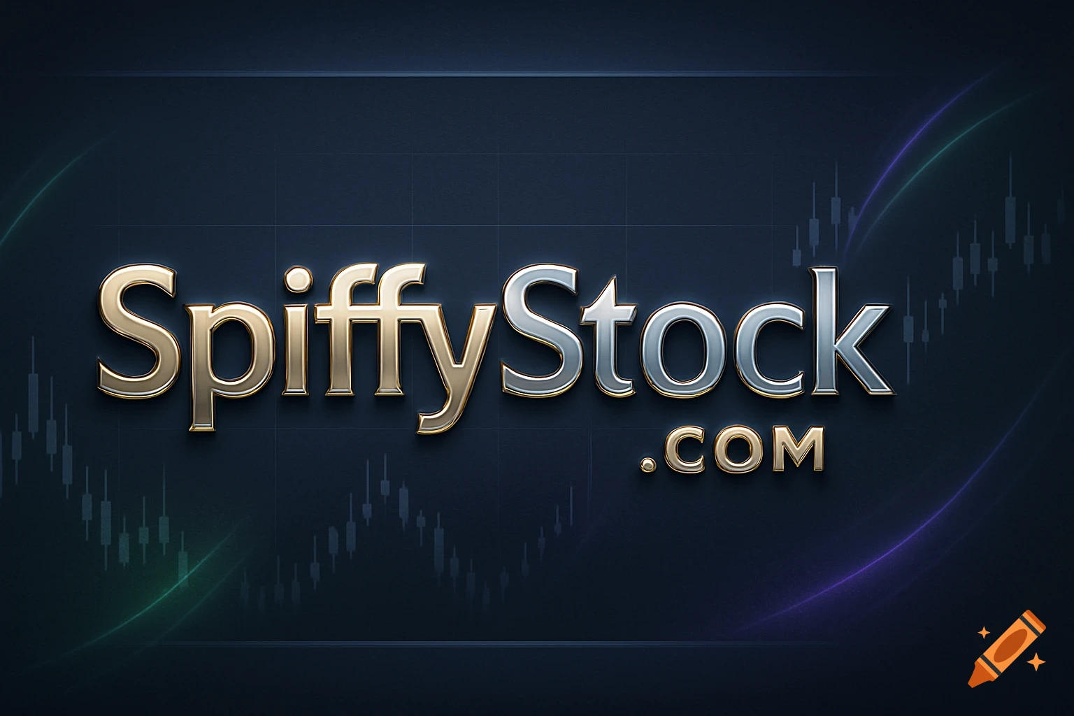 3D rendered logo for SpiffyStock.com with golden and silver text against a dark background with financial charts.