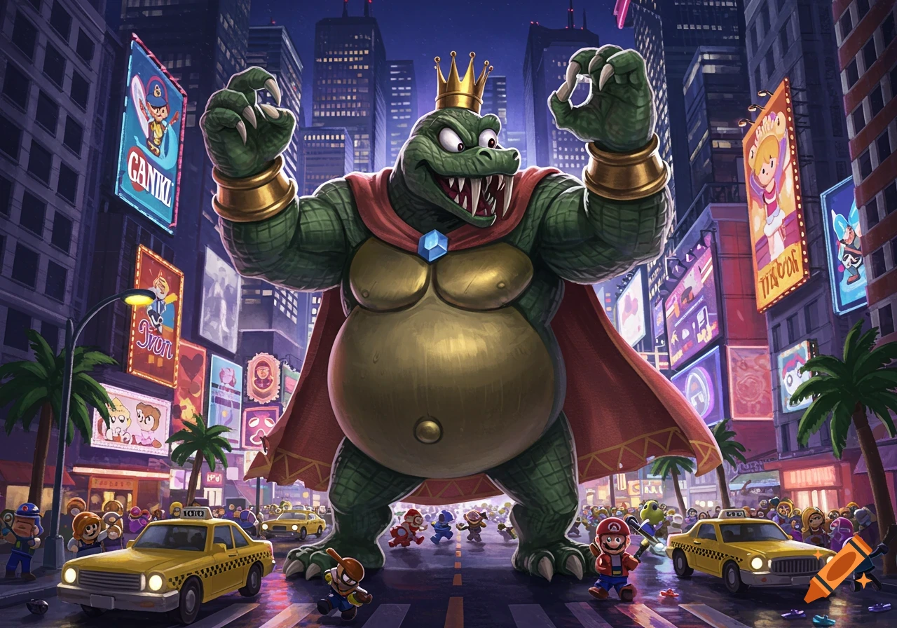 King K. Rool, a large green alligator-like character, stands menacingly in the middle of a bustling nighttime city street with yellow taxis and smaller characters. Tall buildings with neon signs line the street.