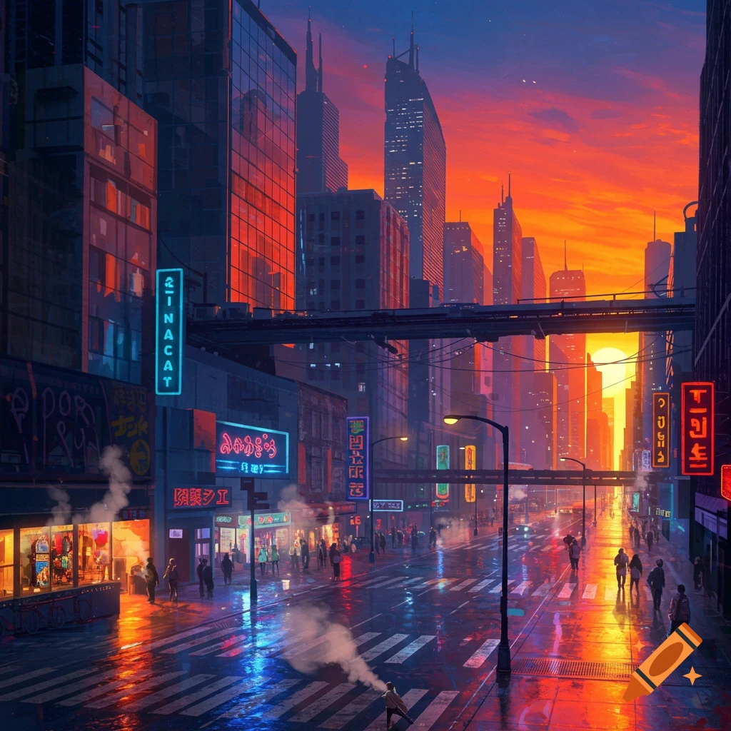 Vibrant cyberpunk city street at sunset, with neon signs, reflective wet pavement, tall buildings, and pedestrians.