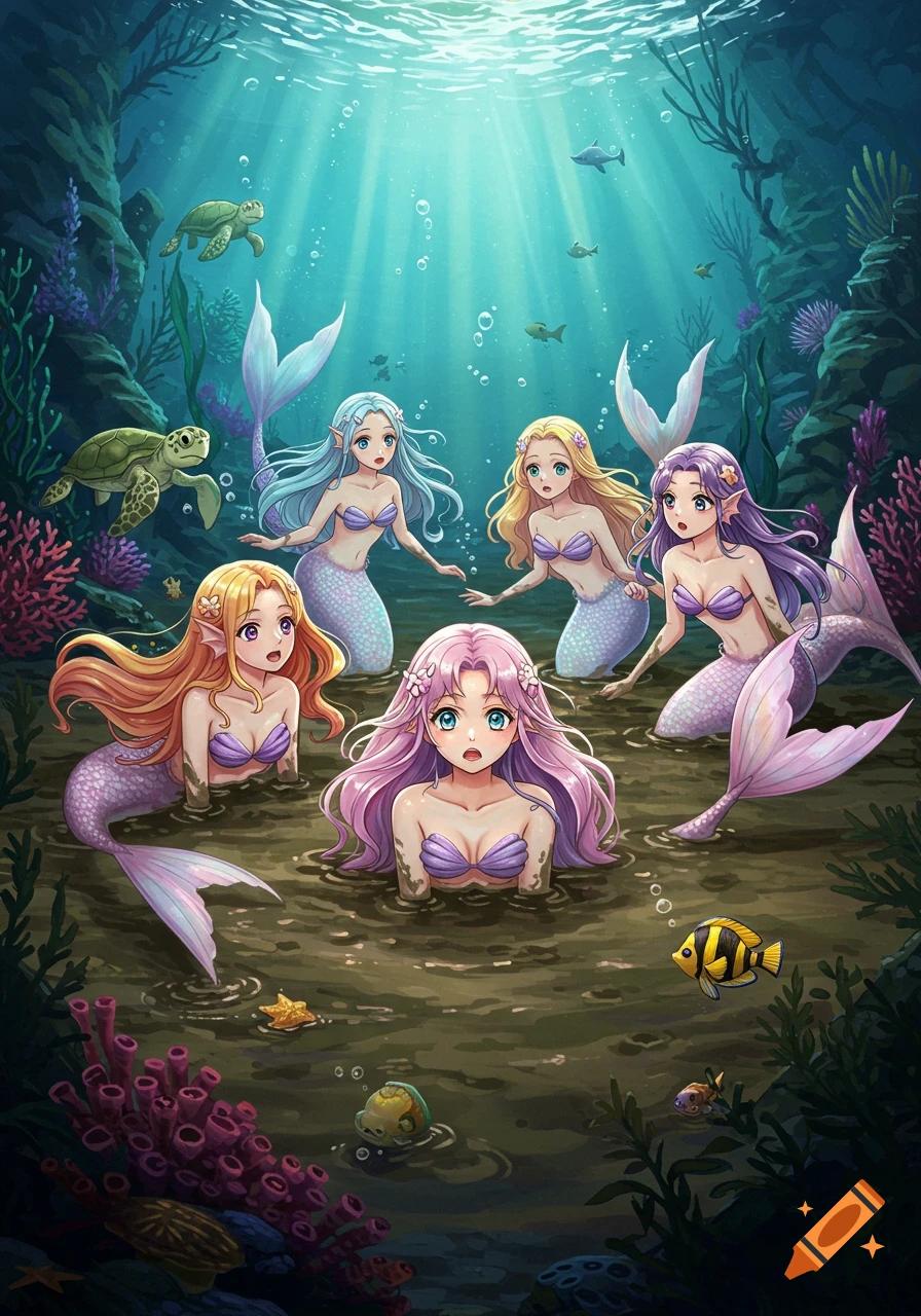 Six anime mermaids with colorful hair stuck up to their waists in dark mud on the ocean floor, surrounded by coral and sea turtles, with light rays from above.
