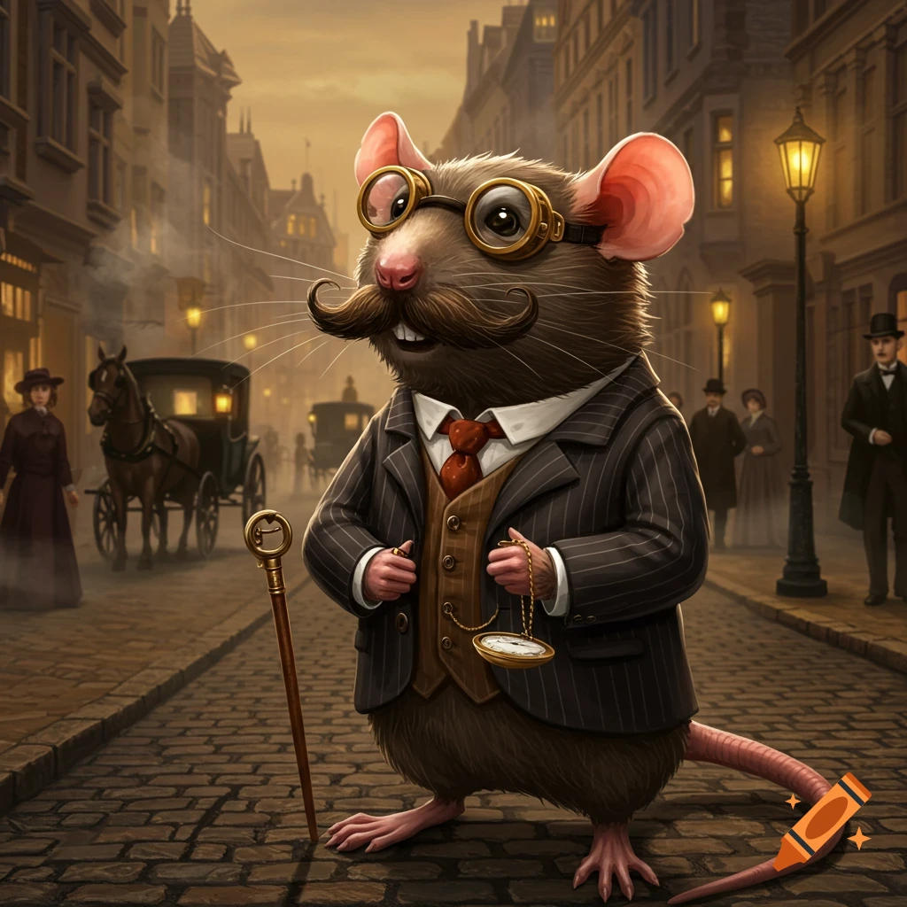A distinguished mustachioed rat in a pinstripe suit, vest, and steampunk goggles stands on a cobblestone street, holding a pocket watch and a walking stick, in a detailed Victorian city.
