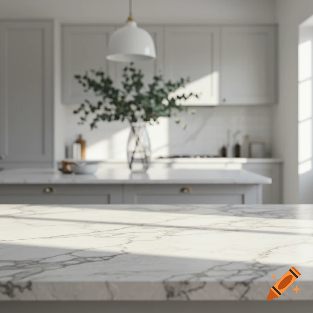 A white marble countertop with a blurred modern kitchen in the background, illuminated by sunlight.