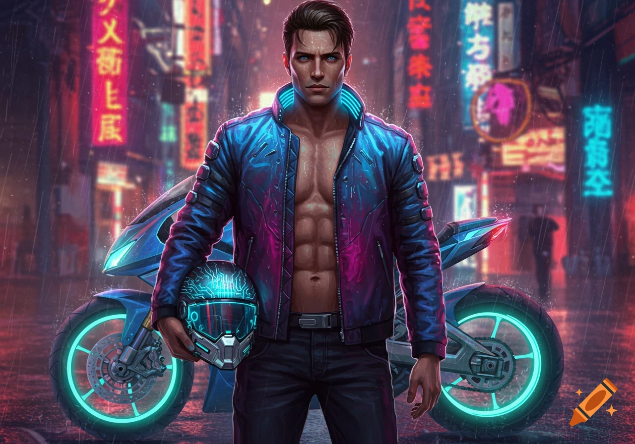 A muscular man in an open blue and purple jacket holds a cyberpunk helmet, standing in front of a blue motorcycle on a rainy, neon-lit city street.